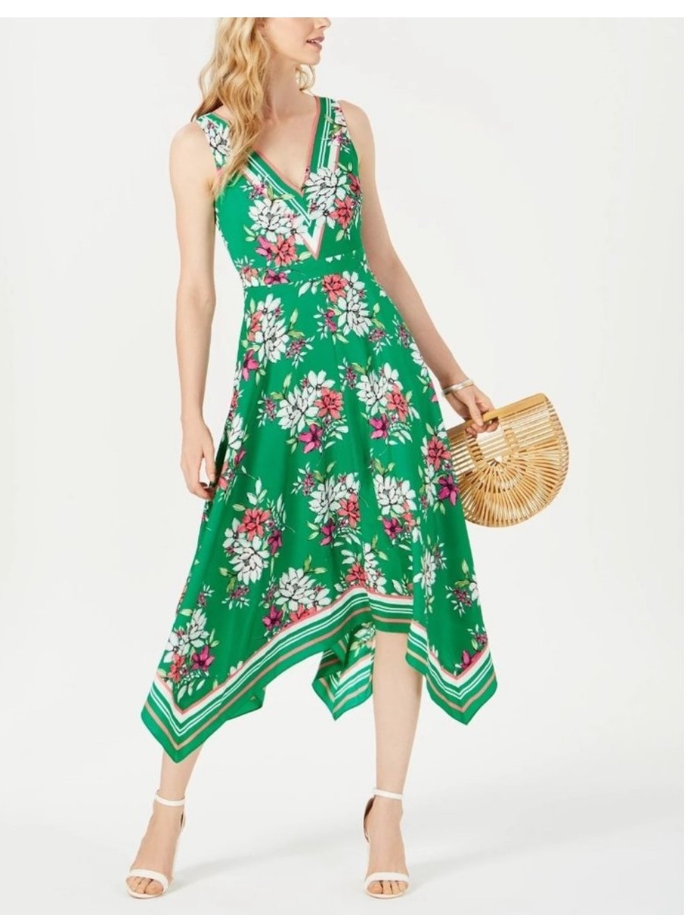 Vince Camuto Handkerchief Hem Floral Dress Green. XL